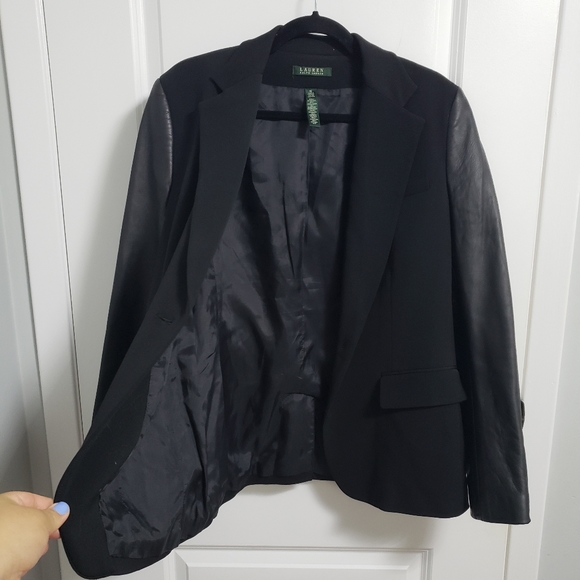 LAUREN RALPH LAUREN Wool Black Blazer with Leather Sleeves - Picture 9 of 14